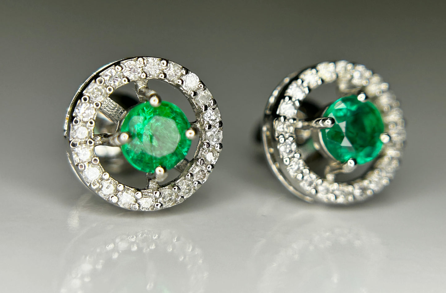 Beautiful 0.53ct Natural Emerald Halo Set Stud Earrings, Diamonds In Platinum 950