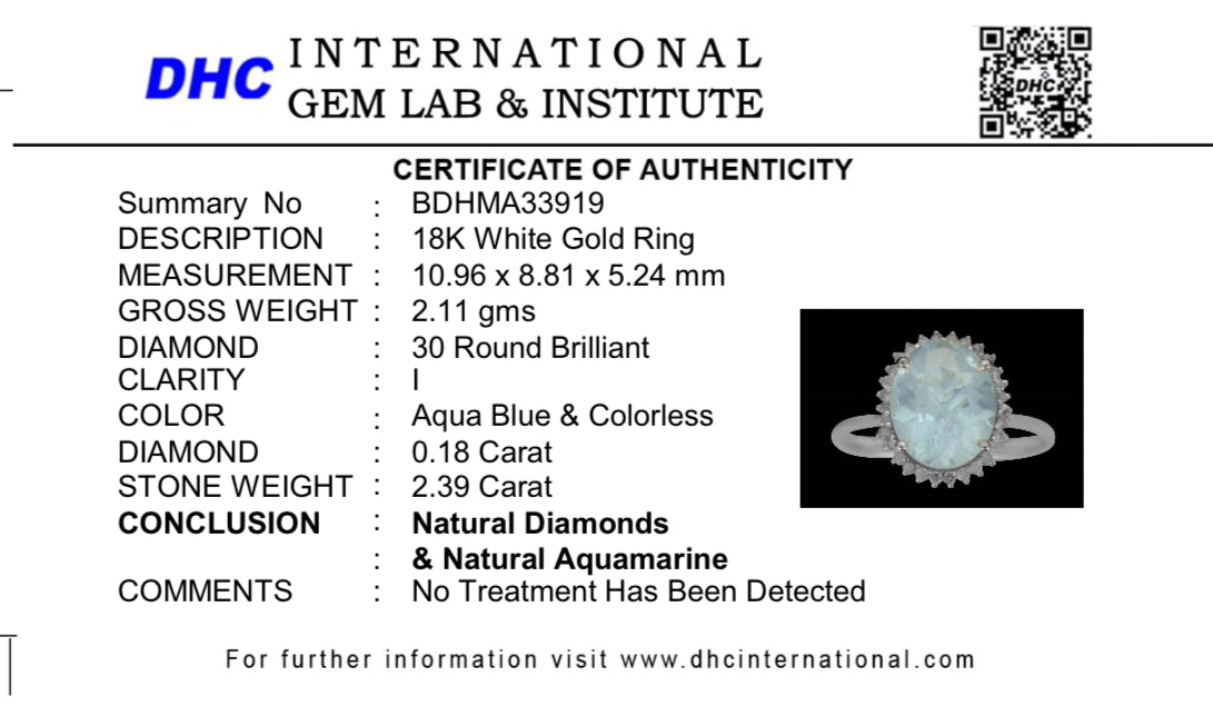 Beautiful 2.39 CT Natural Aquamarine Ring With Natural Diamonds & 18k White Gold