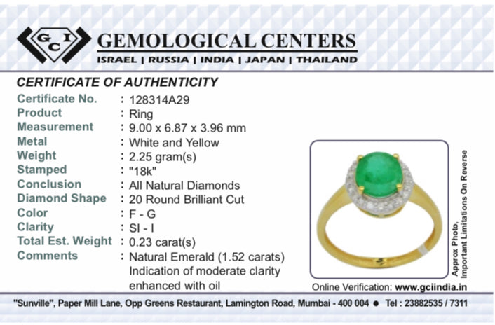 Beautiful Natural Emerald 1.52 CT With Natural Diamonds & 18k Gold