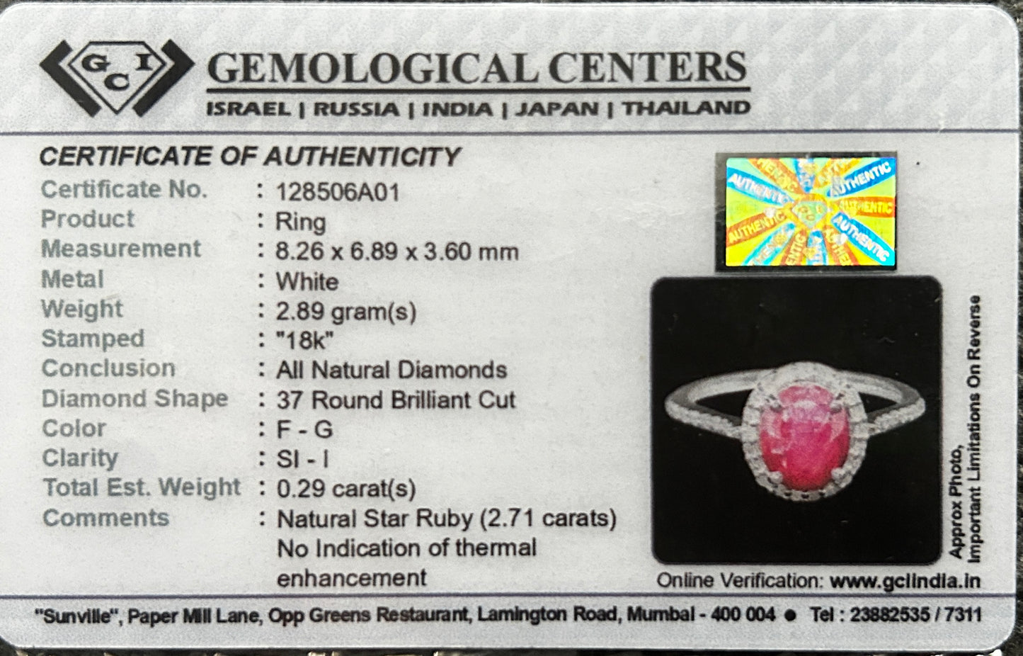Natural Star Ruby Ring 2.71ct With Natural Diamonds & 18k Gold