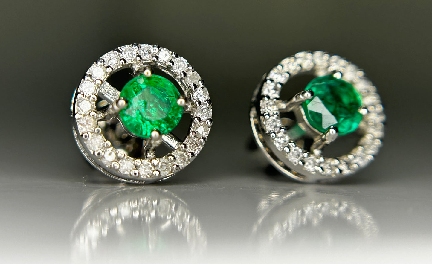 Beautiful 0.53ct Natural Emerald Halo Set Stud Earrings, Diamonds In Platinum 950