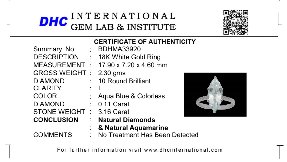 Beautiful 3.16 CT Natural Aquamarine Ring With Natural Diamonds & 18k White Gold