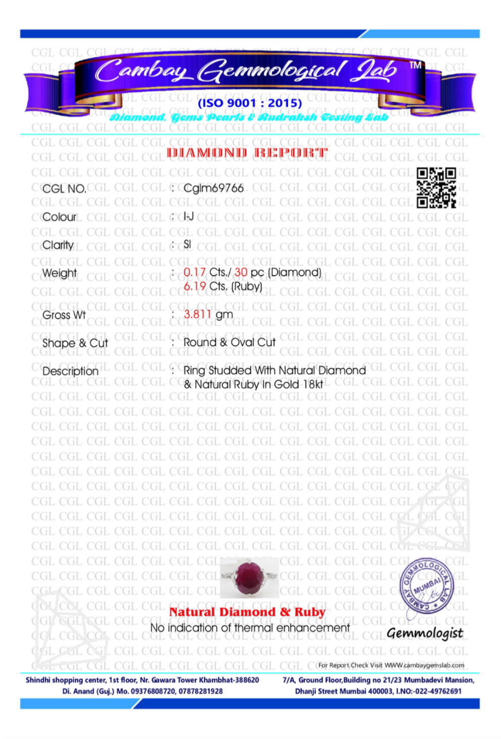 Natural Burma Ruby Unheated/Untreated 6.19 Ct With Natural Diamonds & 18k Gold