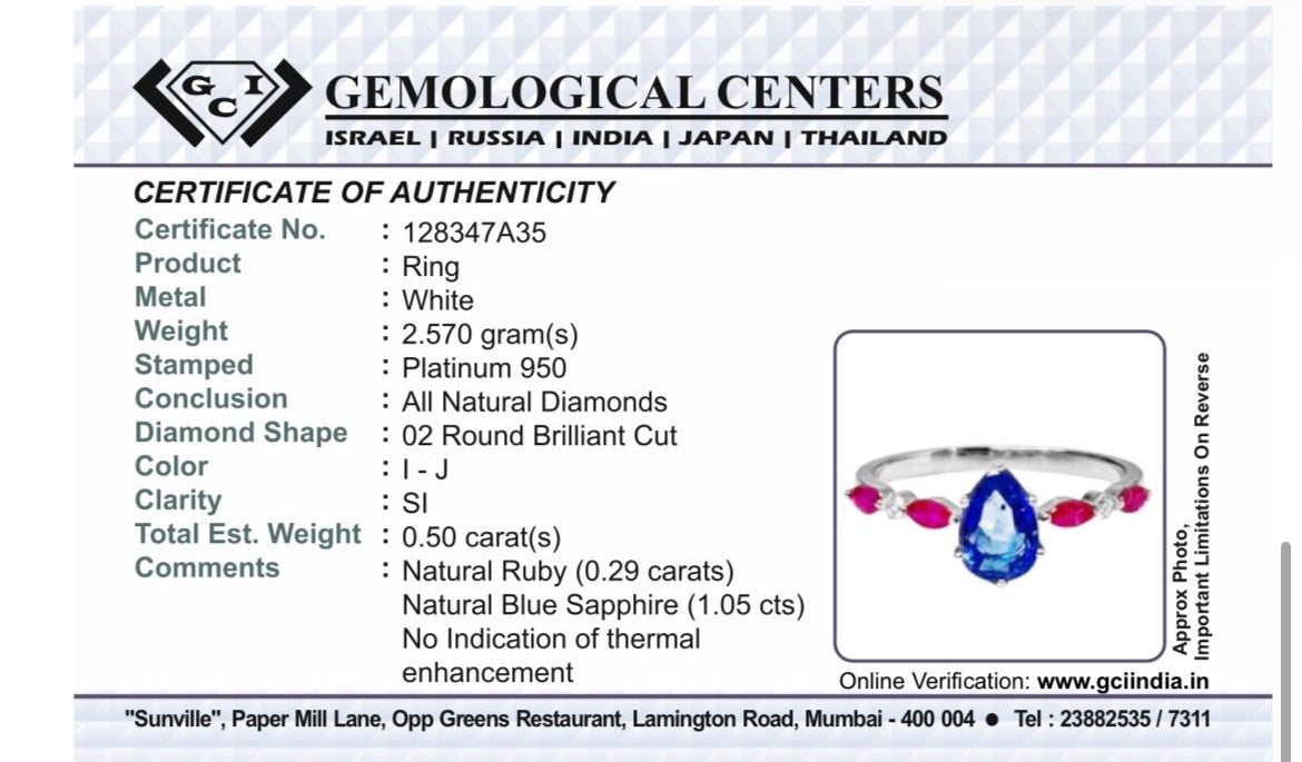 Beautiful 1.06 CT Unheated Burma Blue Sapphire With Burma Ruby, Natural Diamonds & 950 Platinum