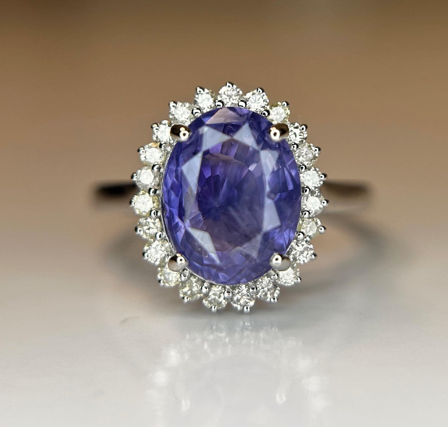Unheated Untreated 3.87 CT Natural Ceylon Purple Sapphire Diamonds & 18k Gold