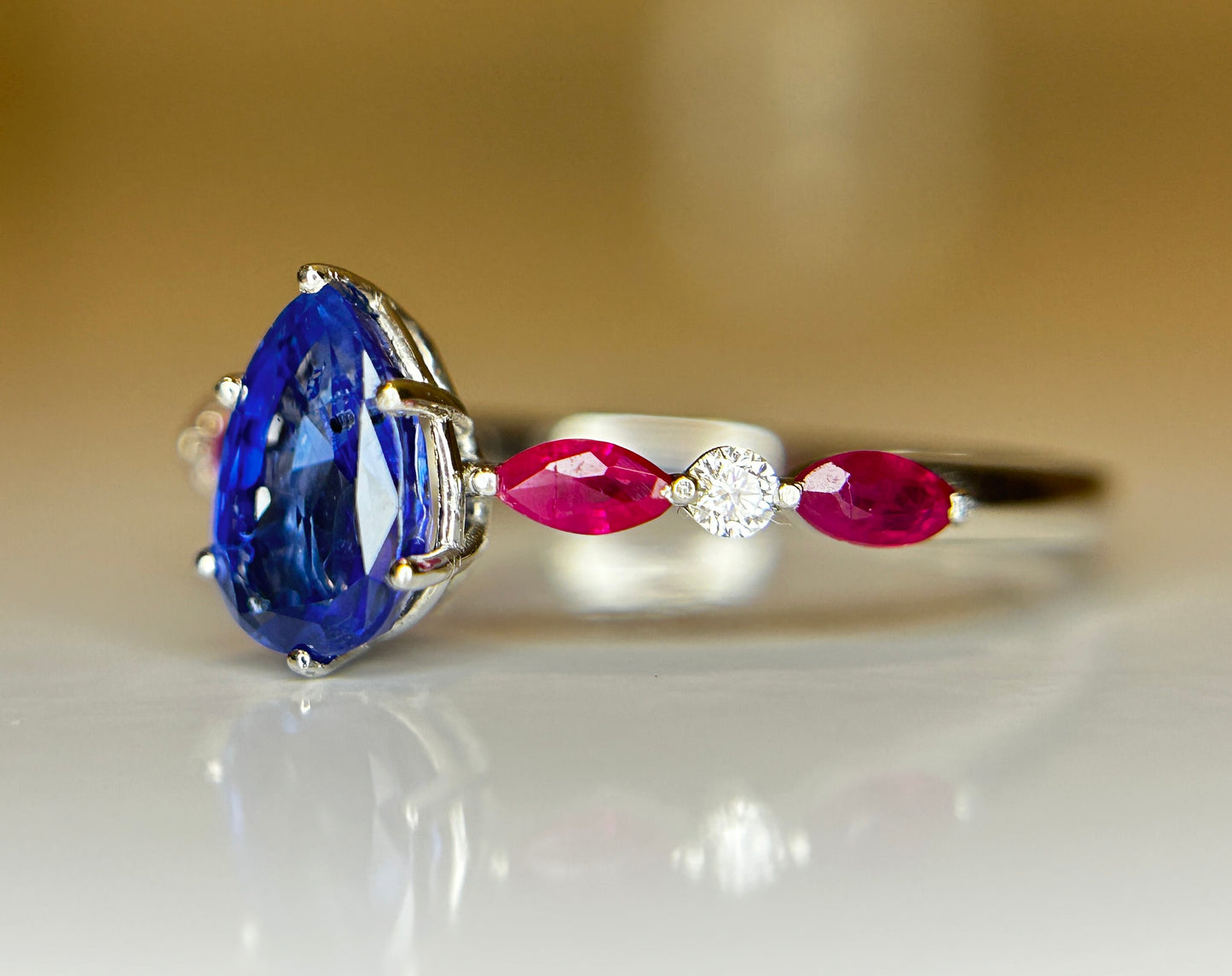 Beautiful 1.06 CT Unheated Burma Blue Sapphire With Burma Ruby, Natural Diamonds & 950 Platinum
