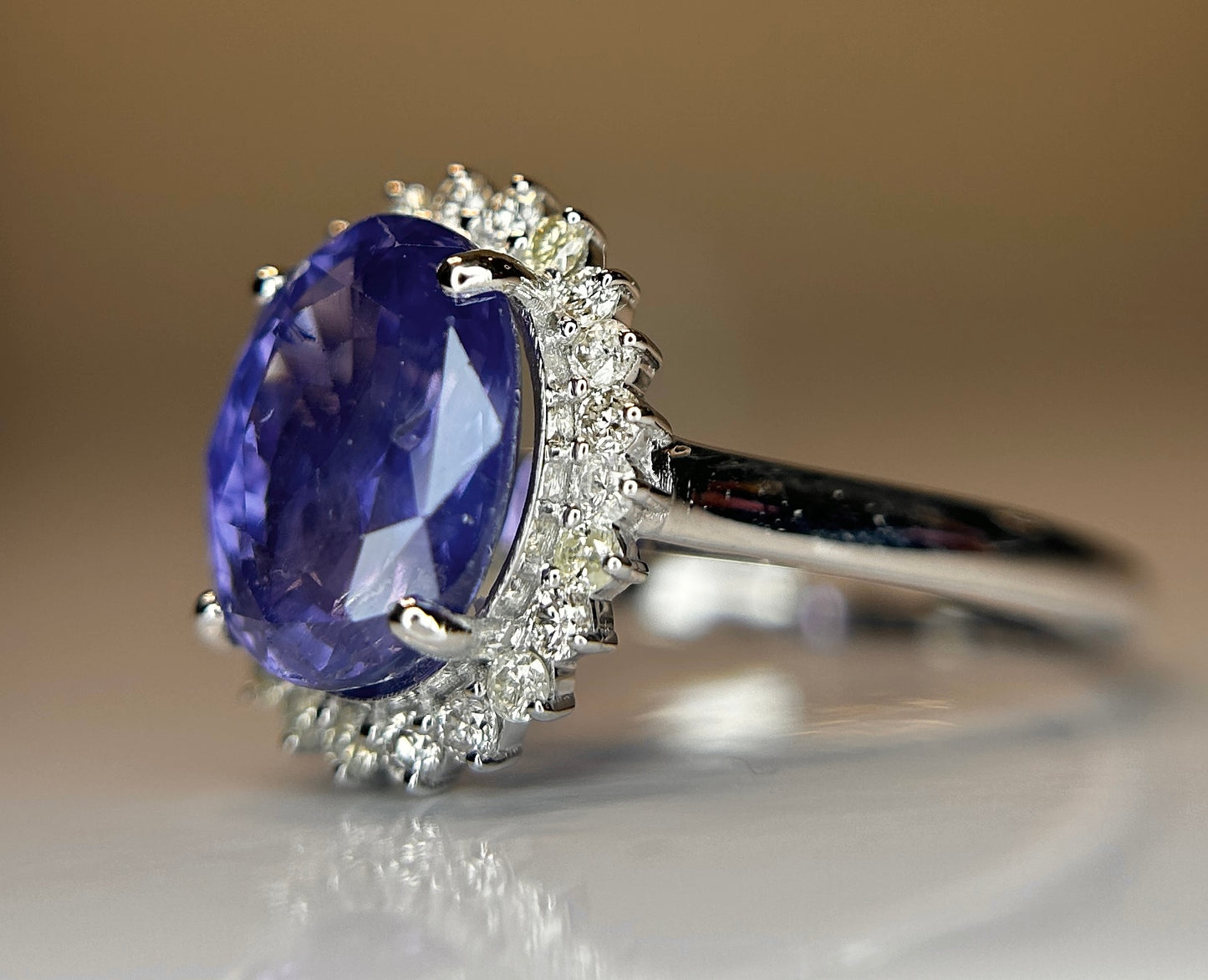Unheated Untreated 3.87 CT Natural Ceylon Purple Sapphire Diamonds & 18k Gold