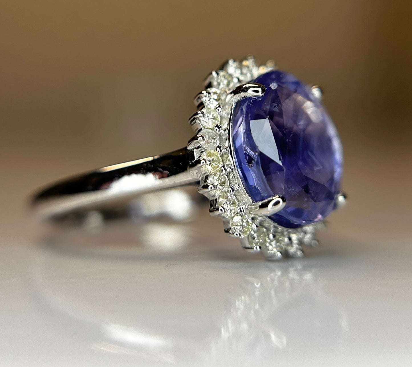 Unheated Untreated 3.87 CT Natural Ceylon Purple Sapphire Diamonds & 18k Gold