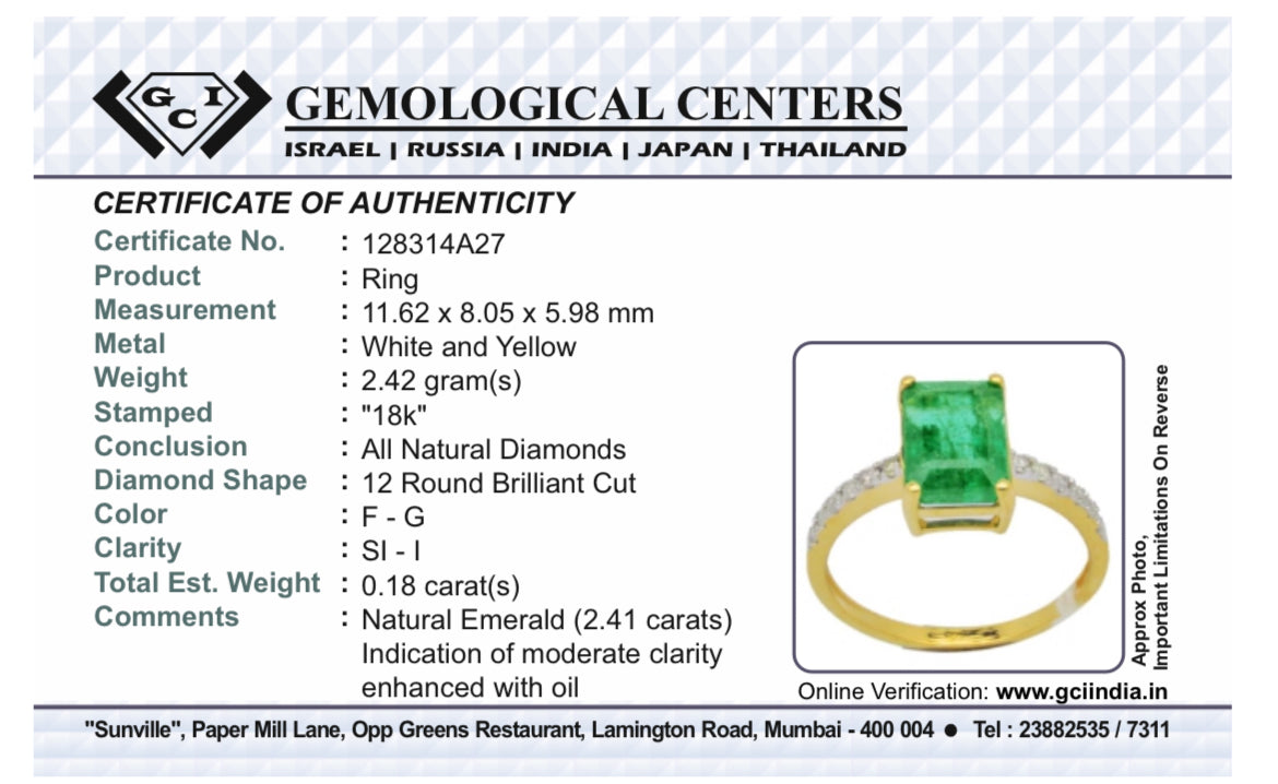 Beautiful Natural Emerald 2.41 CT With Natural Diamonds & 18k Gold