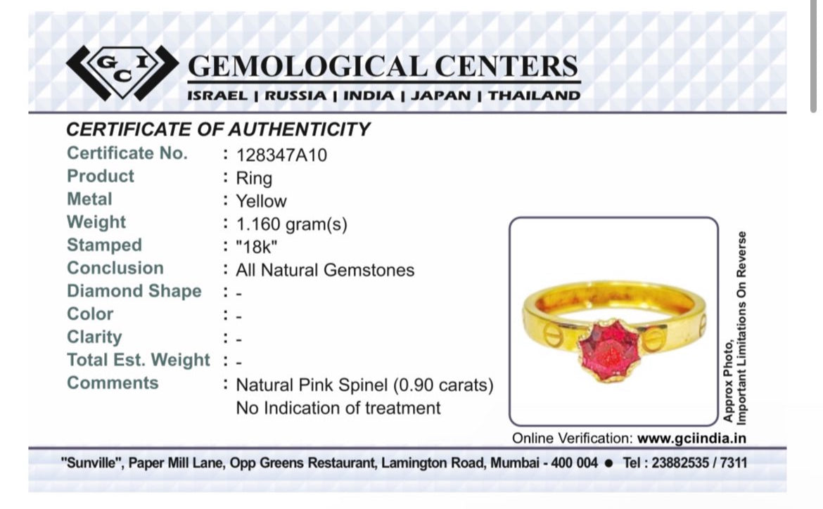 Beautiful 0.90 CT Natural Spinel Ring & 18k Yellow Gold