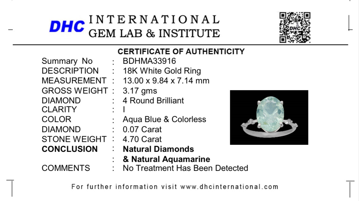 Beautiful 4.70 CT Natural Aquamarine Ring With Natural Diamonds & 18k White Gold