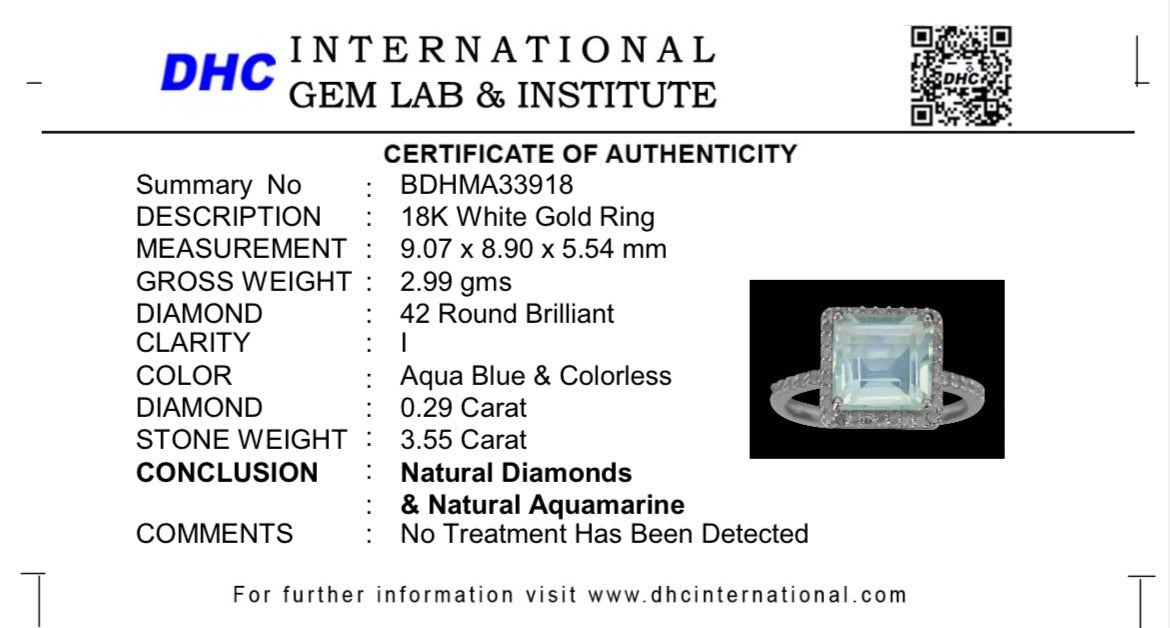 Beautiful 3.55 CT Natural Aquamarine Ring With Natural Diamonds & 18k White Gold