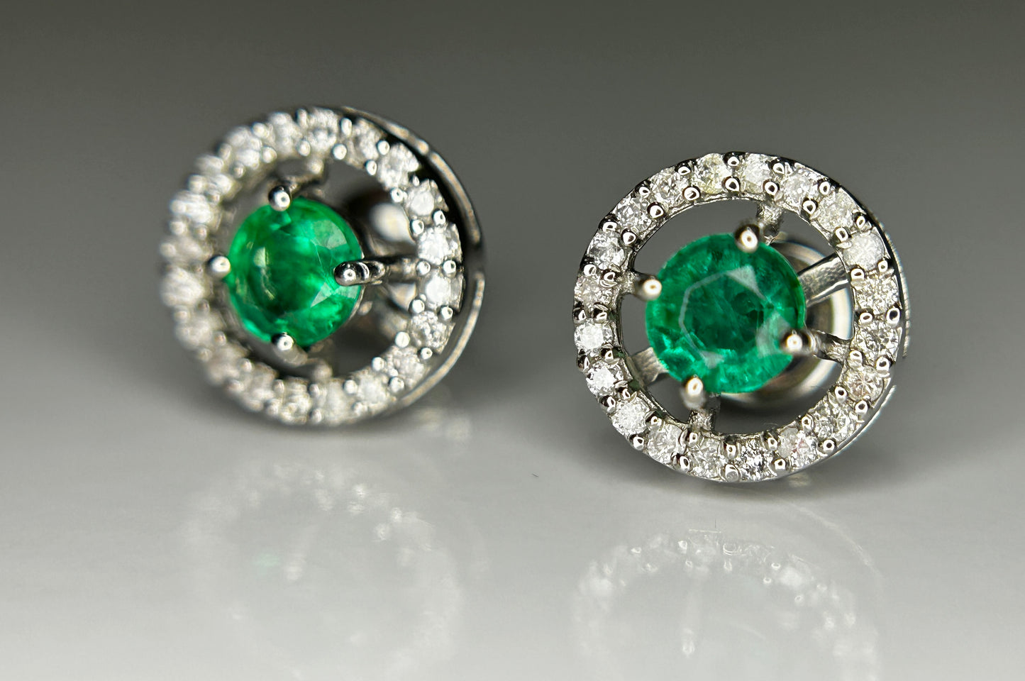 Beautiful 0.53ct Natural Emerald Halo Set Stud Earrings, Diamonds In Platinum 950
