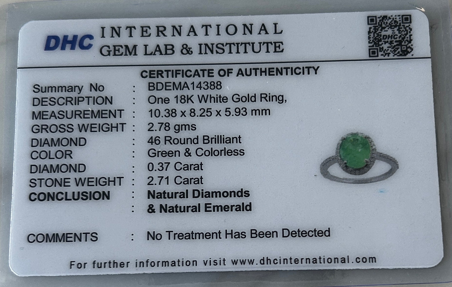 Beautiful 2.71ct Natural Emerald With Natural Diamonds & 18k Gold