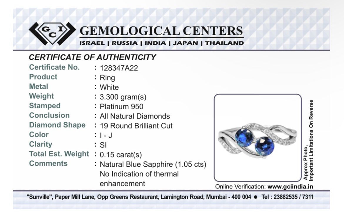Beautiful 1.05 CT Unheated Ceylon Blue Sapphire Diamonds & 950 Platinum