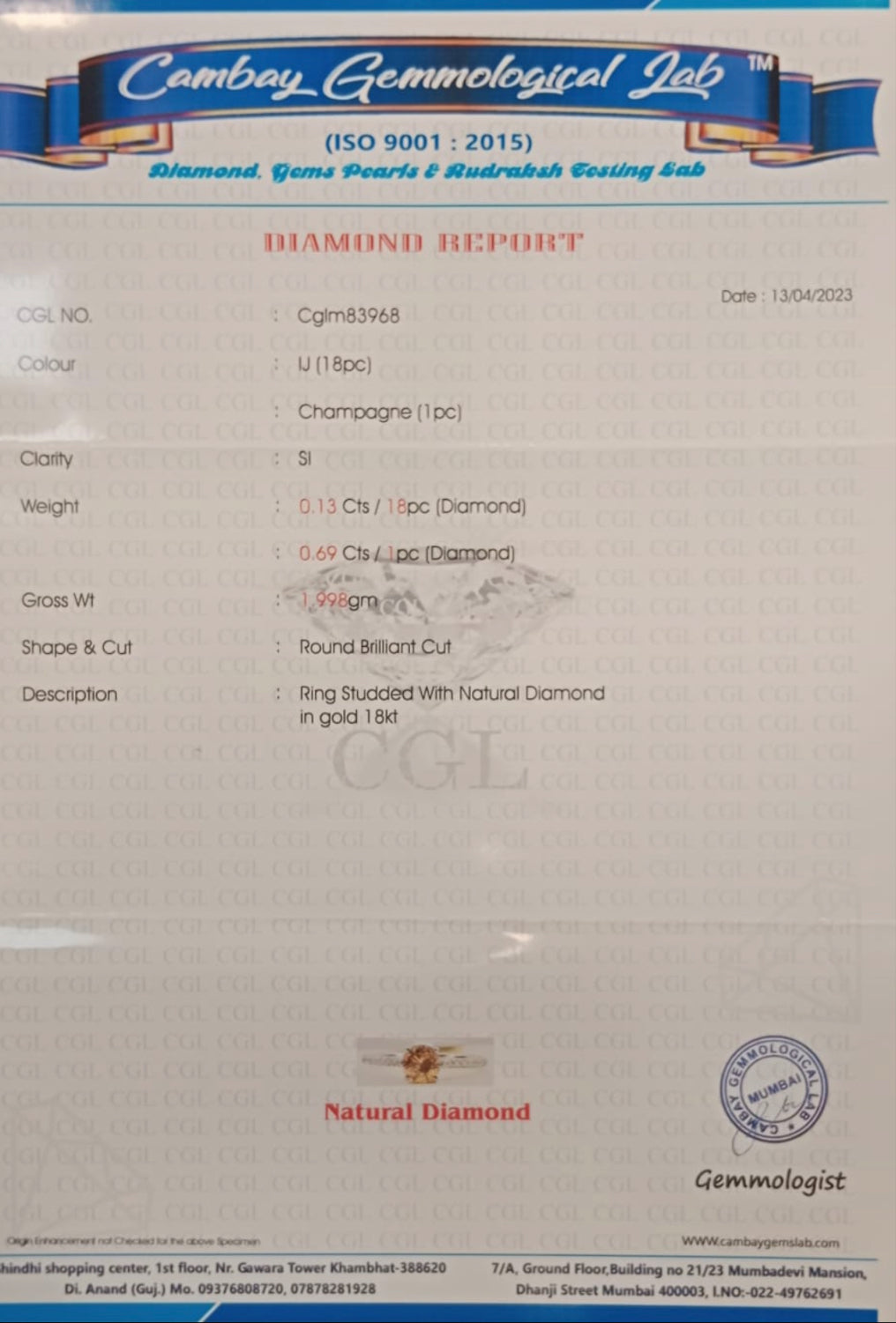 Beautiful Natural 0.82 CT Natural Solitaire champagne Diamond Ring With 18k Gold