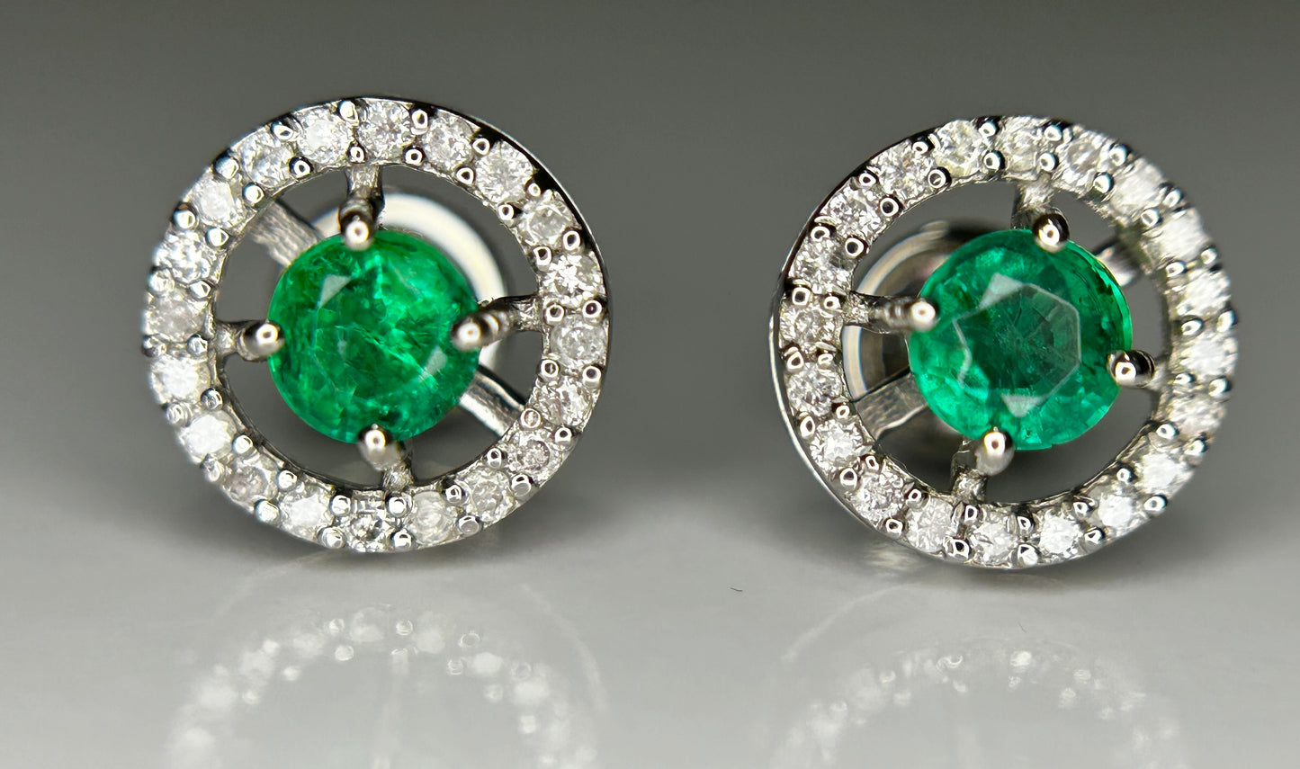 Beautiful 0.53ct Natural Emerald Halo Set Stud Earrings, Diamonds In Platinum 950