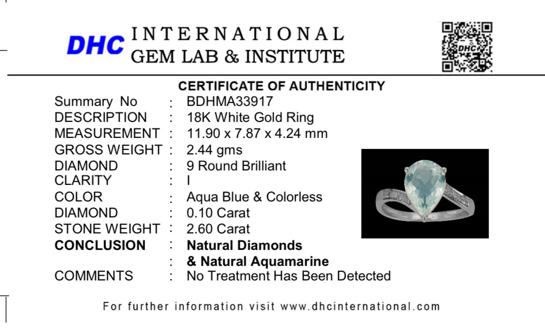 Beautiful 2.60 CT Natural Aquamarine Ring With Natural Diamonds & 18k White Gold
