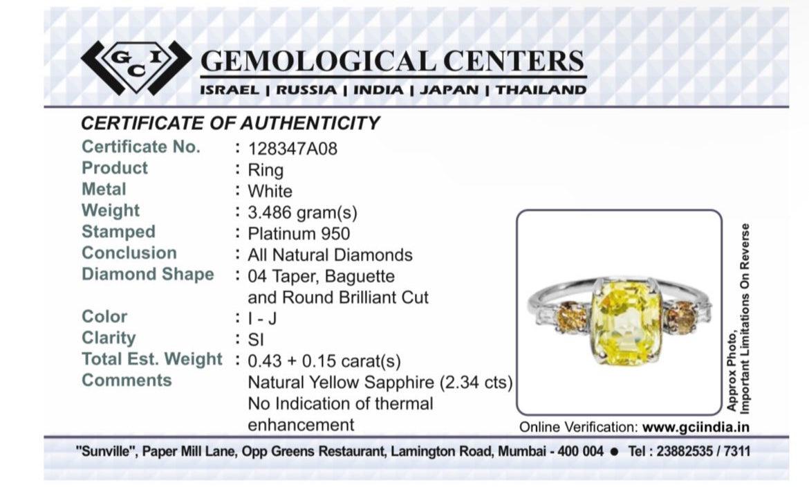 Beautiful 2.34ct Unheated Untreated Natural Ceylon Yellow Sapphire Diamonds & 950 Platinum