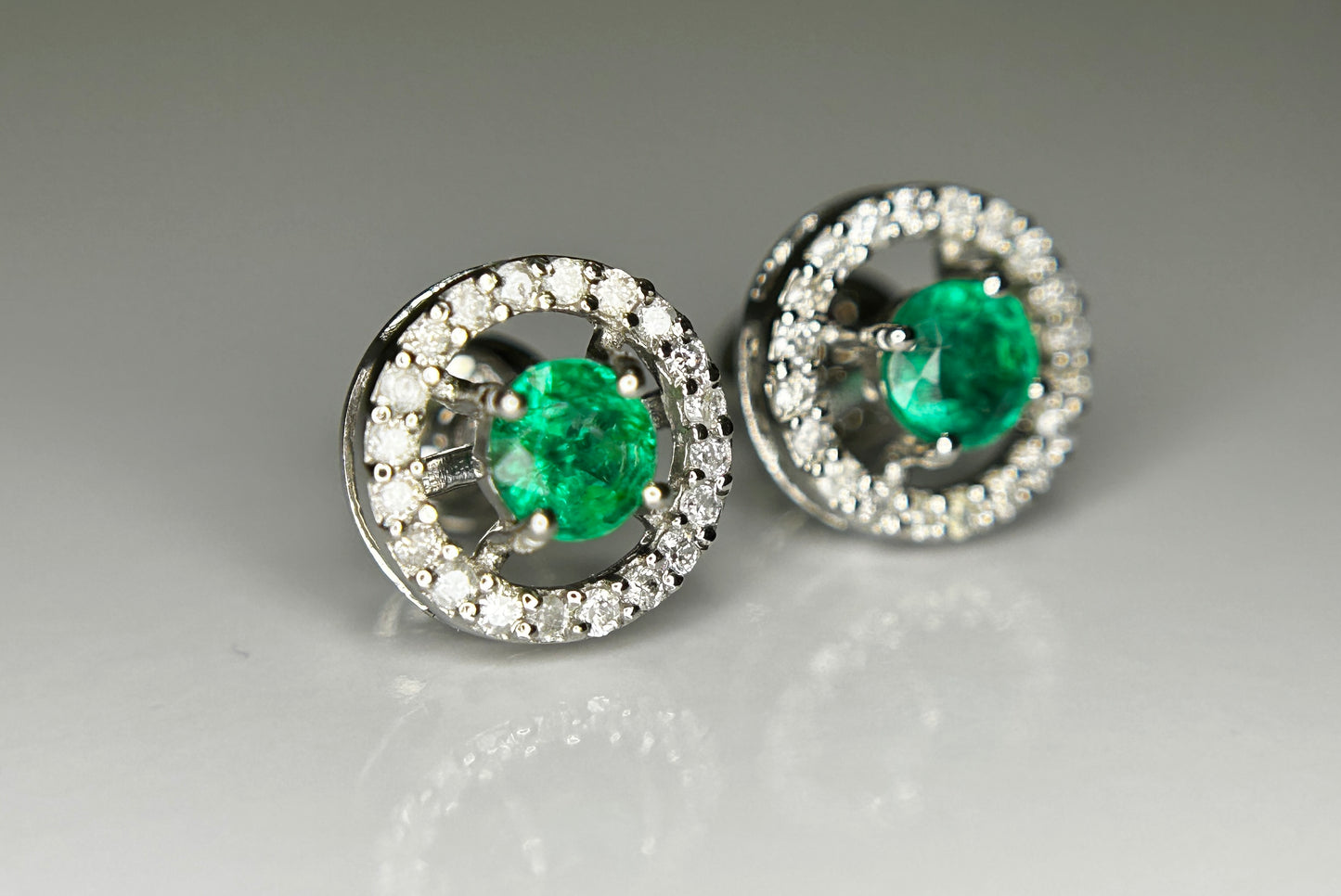 Beautiful 0.53ct Natural Emerald Halo Set Stud Earrings, Diamonds In Platinum 950