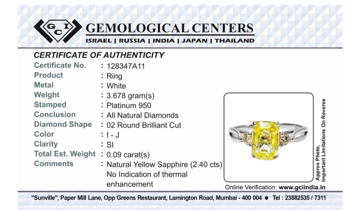 Beautiful 2.40ct Unheated Untreated Natural Ceylon Yellow Sapphire Diamonds & 950 Platinum