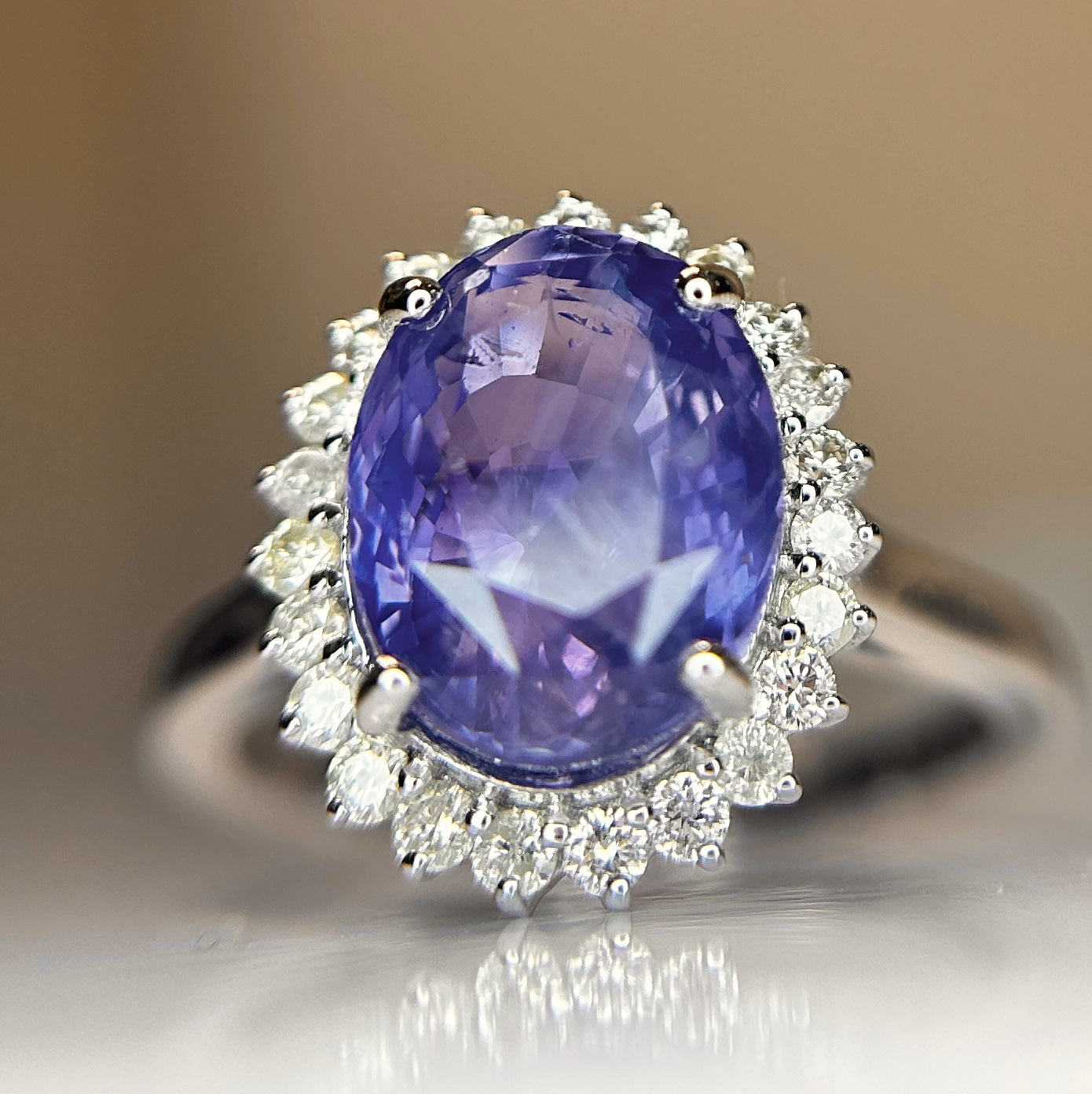 Unheated Untreated 3.87 CT Natural Ceylon Purple Sapphire Diamonds & 18k Gold