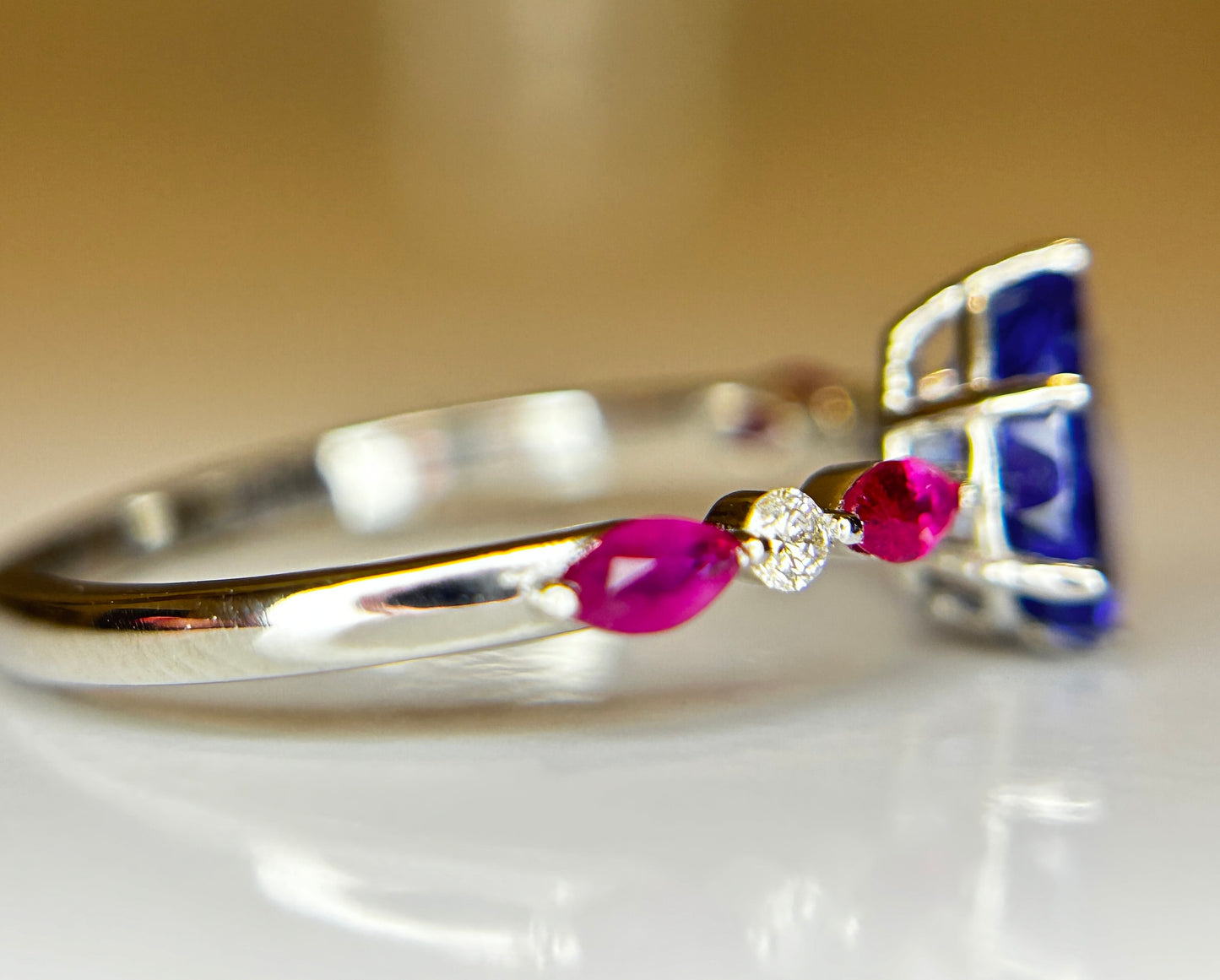 Beautiful 1.06 CT Unheated Burma Blue Sapphire With Burma Ruby, Natural Diamonds & 950 Platinum