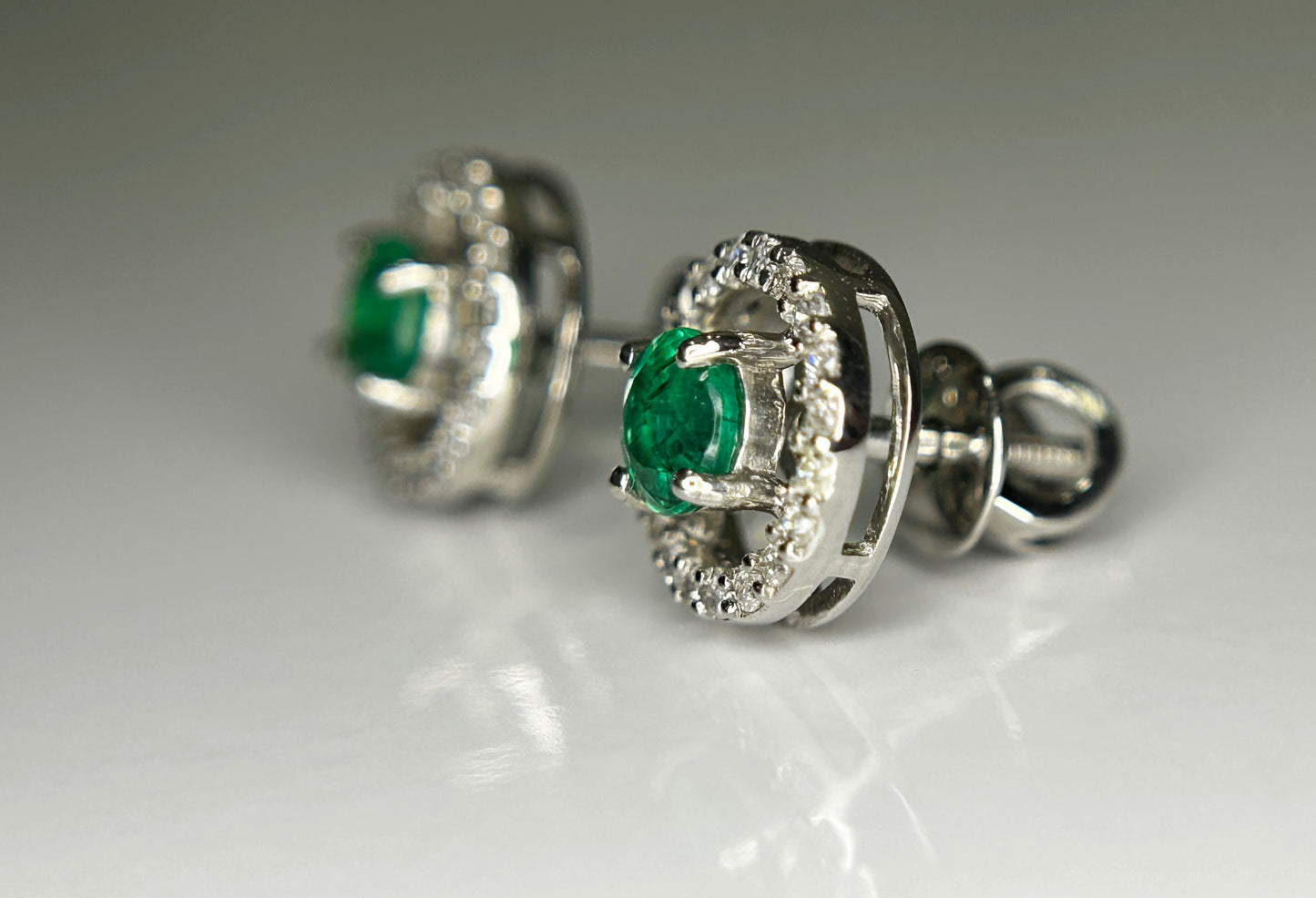 Beautiful 0.53ct Natural Emerald Halo Set Stud Earrings, Diamonds In Platinum 950