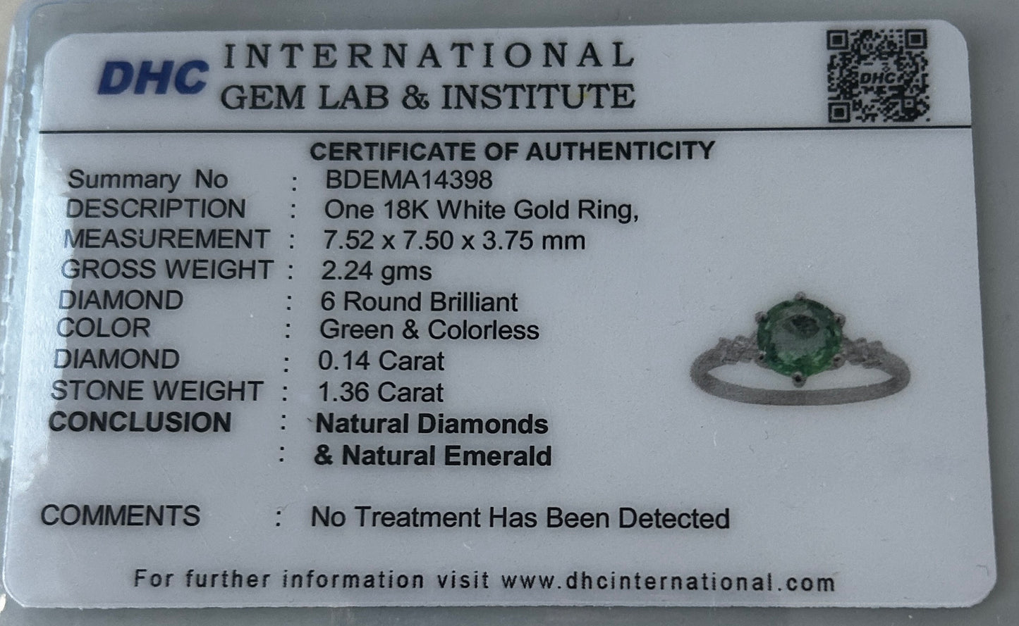 Beautiful 1.36 ct Natural Emerald With Natural Diamonds & 18k Gold