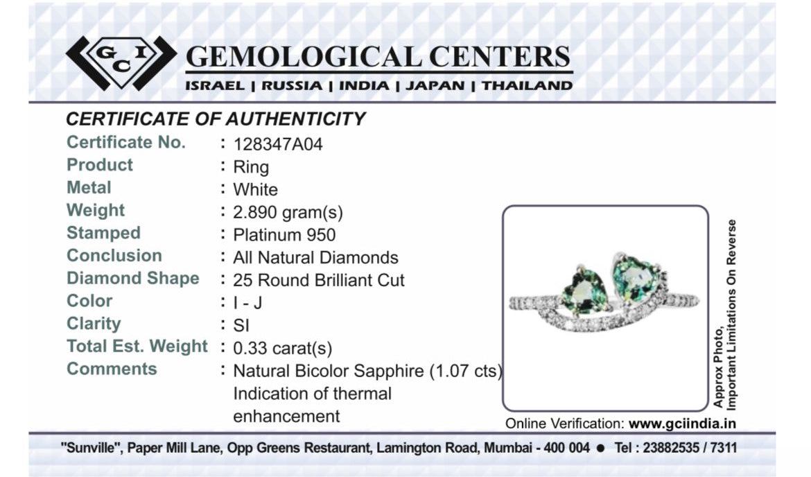 Beautiful 1.07 CT Bi-Colour Unheated Ceylon Sapphire Diamonds & 950 Platinum