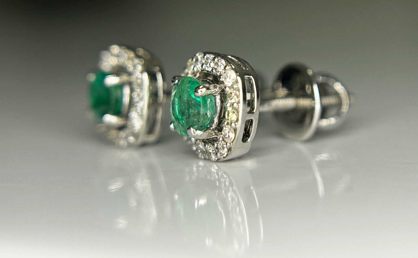 Beautiful 0.49ct Natural Emerald Halo Set Stud Earrings With Diamonds In Platinum 950