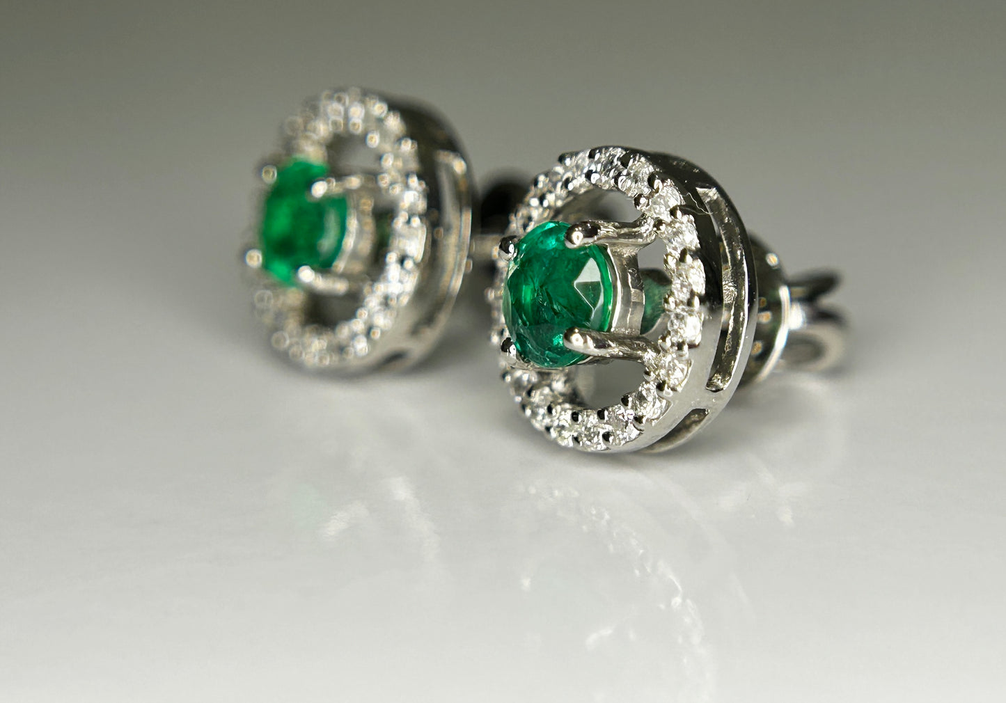 Beautiful 0.53ct Natural Emerald Halo Set Stud Earrings, Diamonds In Platinum 950