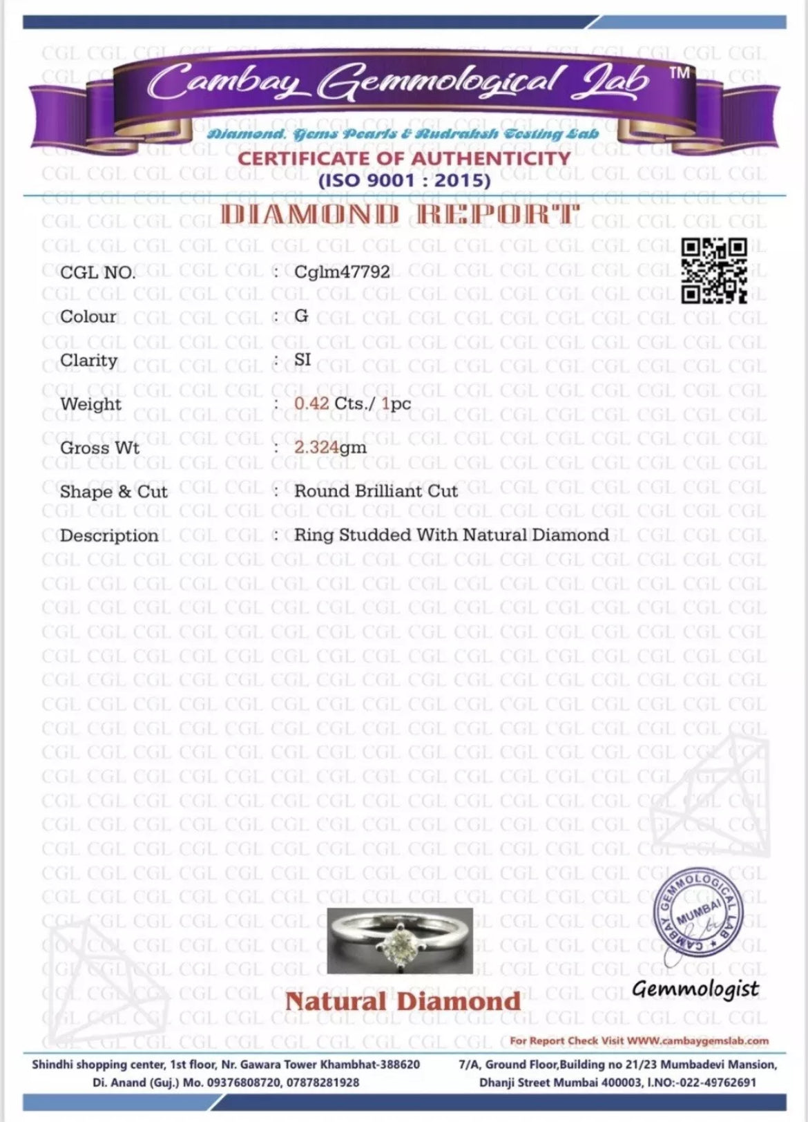Beautiful Natural 0.42CT S1 Diamond Ring With 18k Gold
