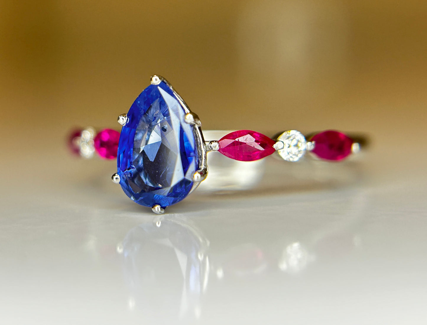 Beautiful 1.06 CT Unheated Burma Blue Sapphire With Burma Ruby, Natural Diamonds & 950 Platinum