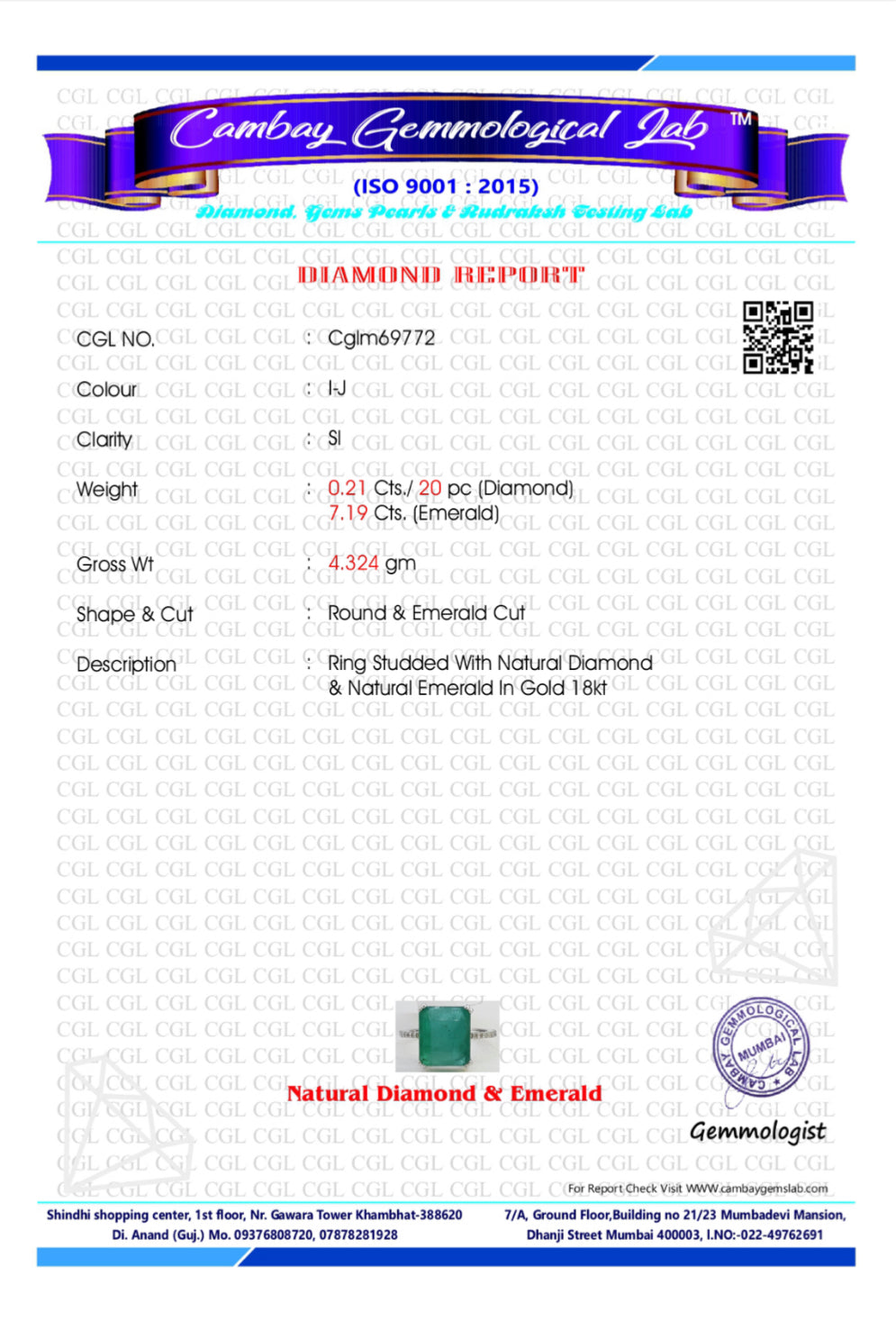 Beautiful 7.19CT Natural Emerald With Natural Diamonds & 18k White Gold