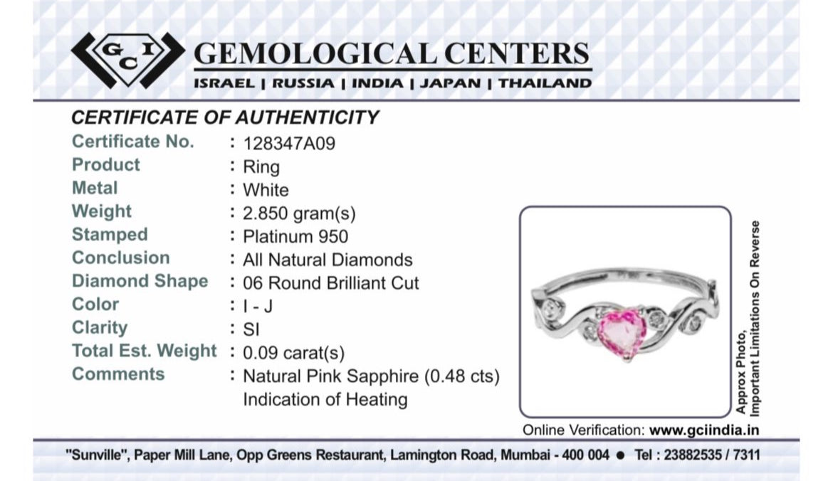 Beautiful 0.48ct Heart Shape Unheated Ceylon Pink Sapphire Diamonds & 950 Platinum
