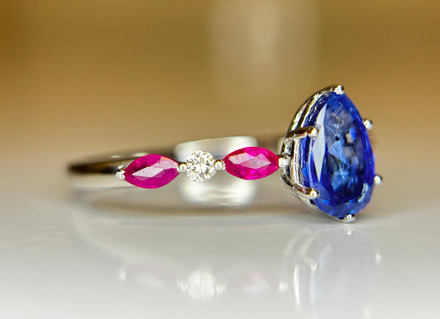 Beautiful 1.06 CT Unheated Burma Blue Sapphire With Burma Ruby, Natural Diamonds & 950 Platinum