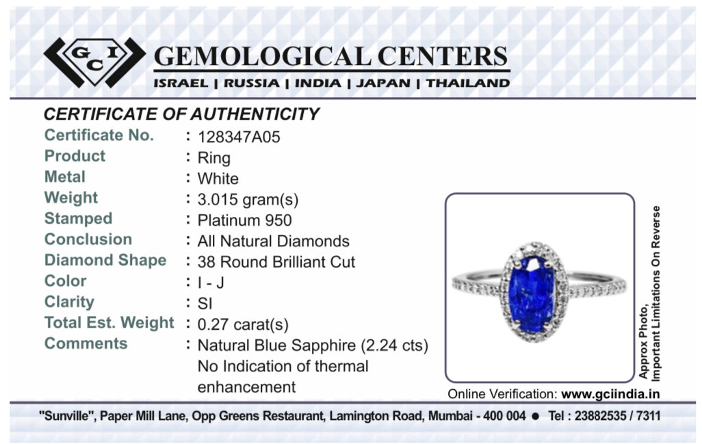 Beautiful 2.24 CT Unheated Burma Blue Sapphire Diamonds & 950 Platinum