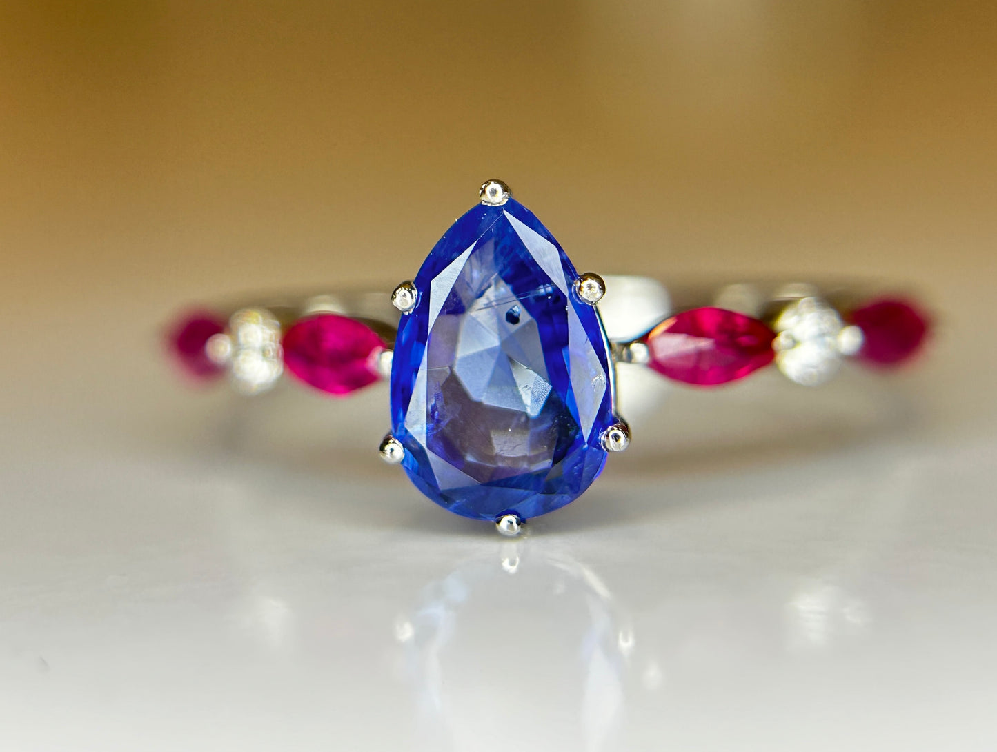 Beautiful 1.06 CT Unheated Burma Blue Sapphire With Burma Ruby, Natural Diamonds & 950 Platinum