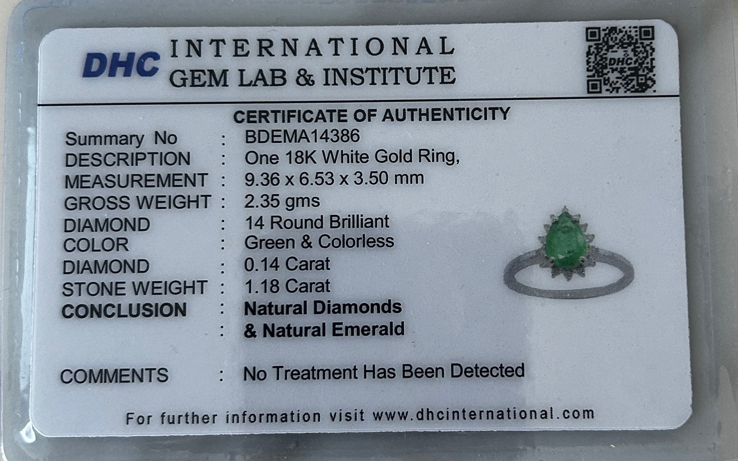 Beautiful 1.18ct Natural Emerald With Natural Diamonds & 18k Gold
