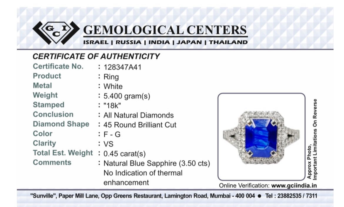 Beautiful 3.50CT Blue Sapphire With Diamonds & 18k White Gold