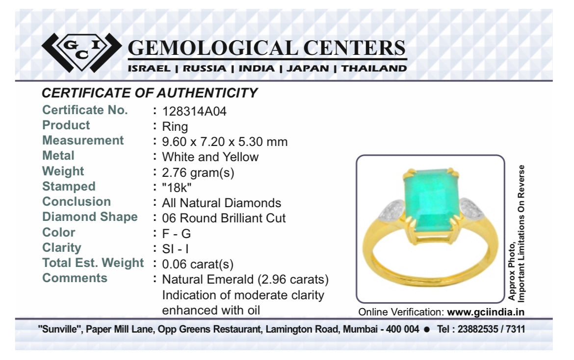 Beautiful Natural Emerald 2.96ct With Natural Diamonds & 18k Gold