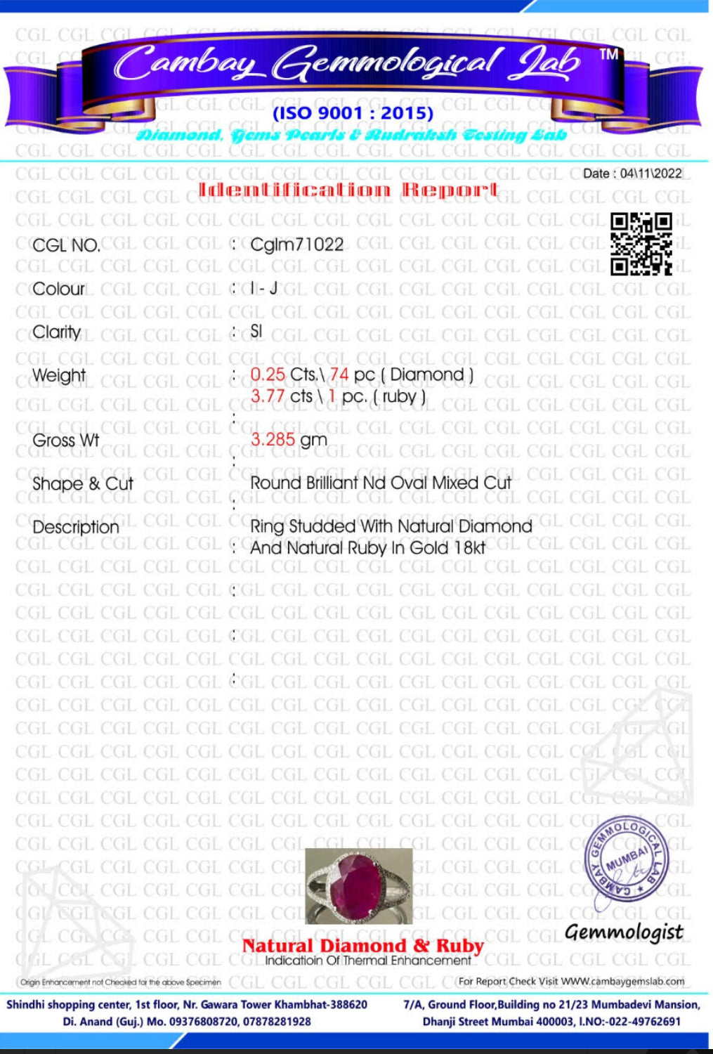 Natural Burma Ruby 3.77Ct With Natural Diamonds & 18k Gold