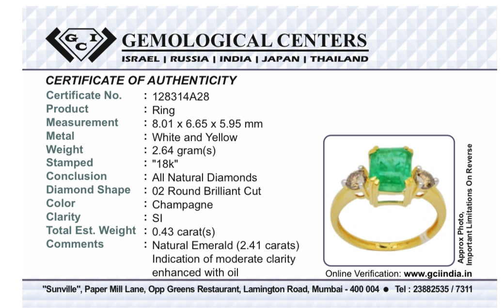 Beautiful Natural Emerald 2.41 CT With Natural Diamonds & 18k Gold
