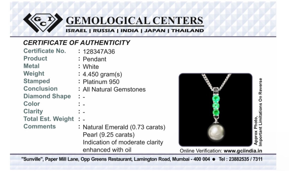 Beautiful 9.25CT Natural Tahitian Pearl With Emerald & 950 Platinum Pendant