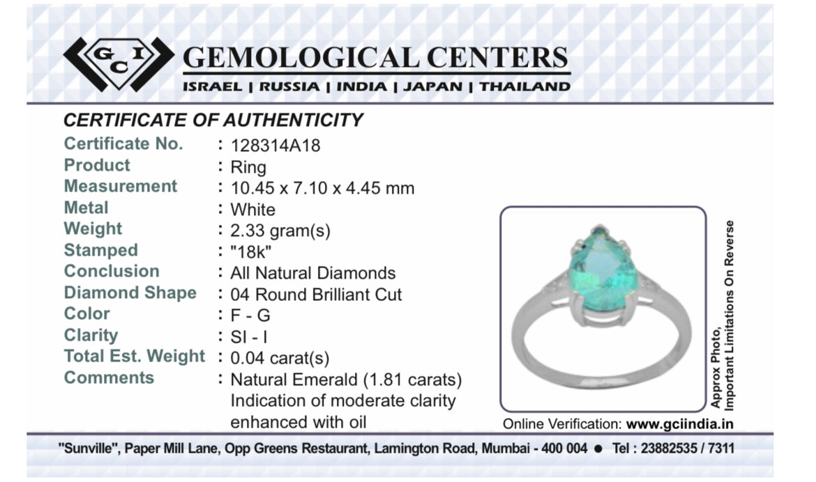 Beautiful Natural Emerald 1.81 CT With Natural Diamonds & 18k Gold