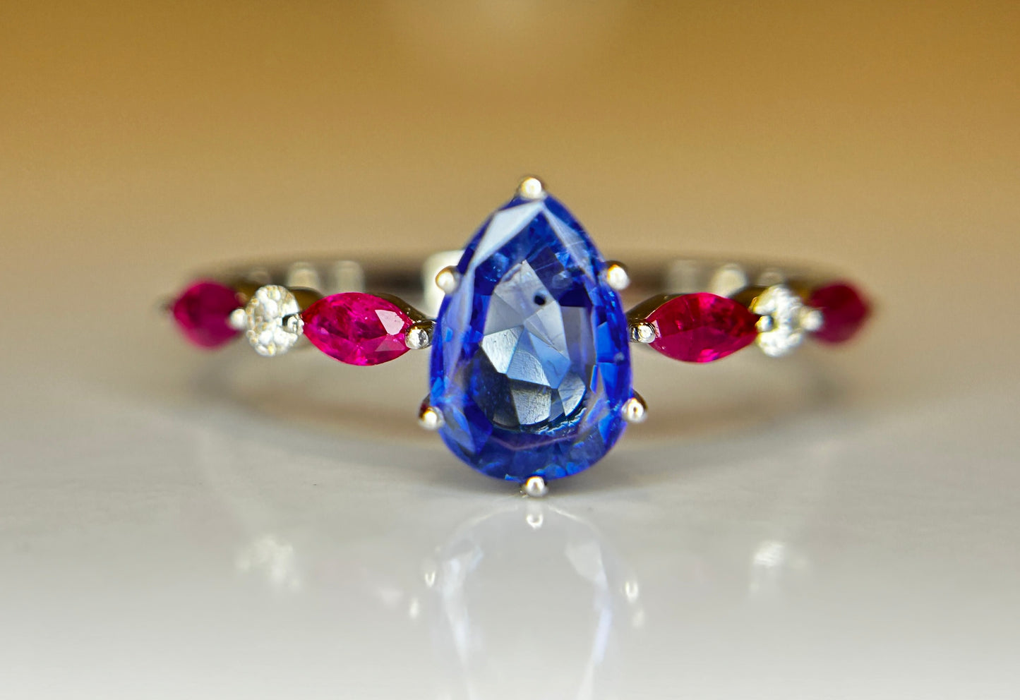 Beautiful 1.06 CT Unheated Burma Blue Sapphire With Burma Ruby, Natural Diamonds & 950 Platinum