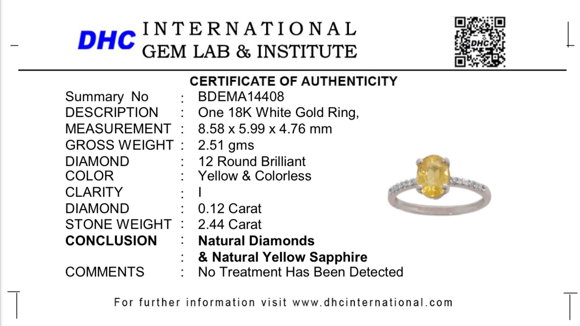 Beautiful 2.44 CT Unheated Yellow Sapphire With Natural Diamonds & 18k Gold