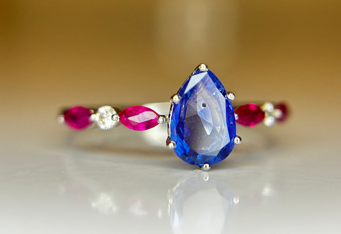 Beautiful 1.06 CT Unheated Burma Blue Sapphire With Burma Ruby, Natural Diamonds & 950 Platinum