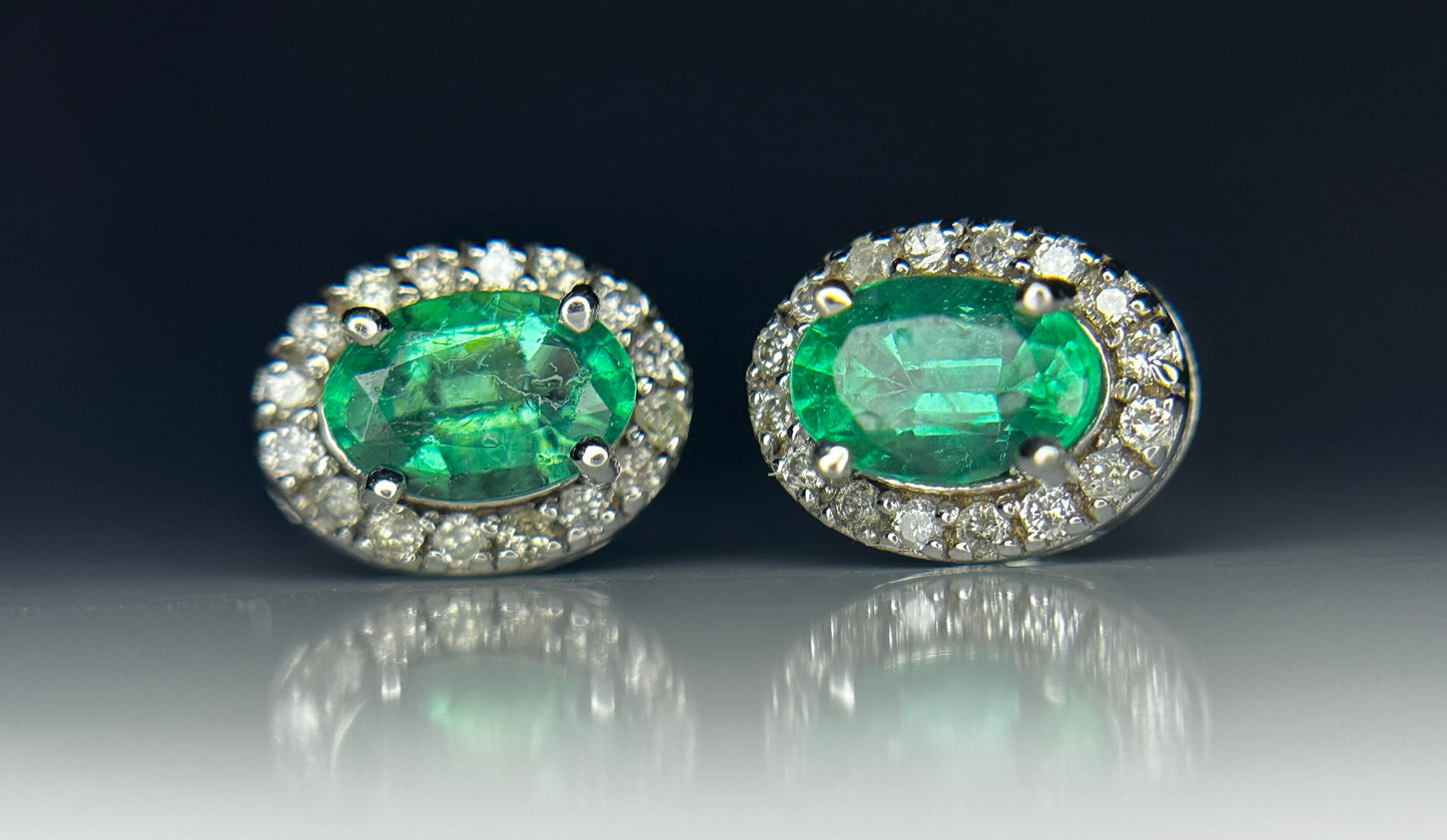 Beautiful Natural Emerald Halo Set Stud Earrings 18k White Gold
